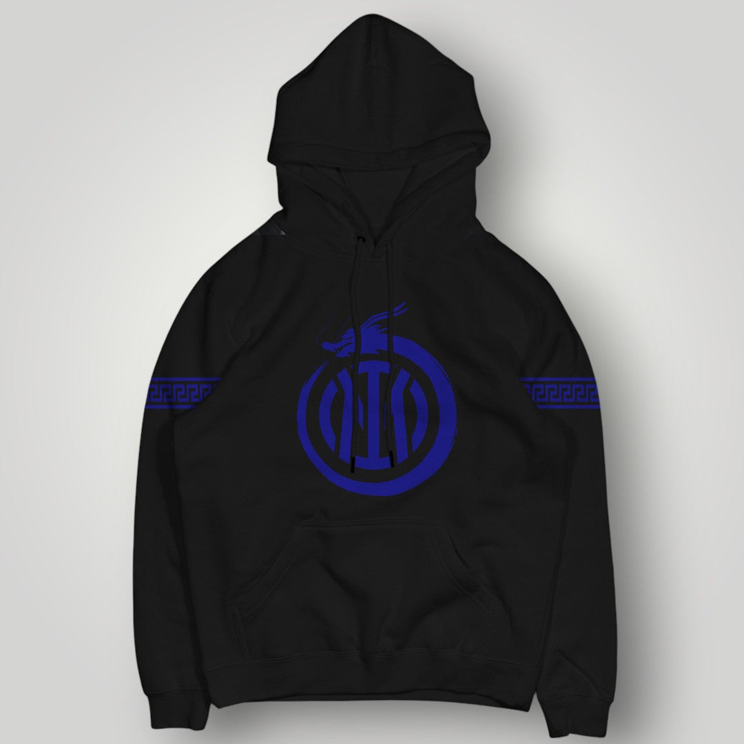 Inter Milan Dragon Crest Hoodie - Minimalist Blue IM Logo Pullover - White Nerazzurri Streetwear with Patterned Sleeves