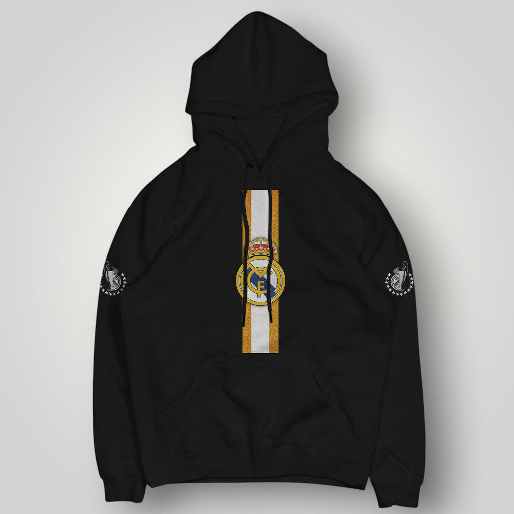 Real Madrid Royal Gold Stripe Hoodie - Black Elite Edition Champion Pullover