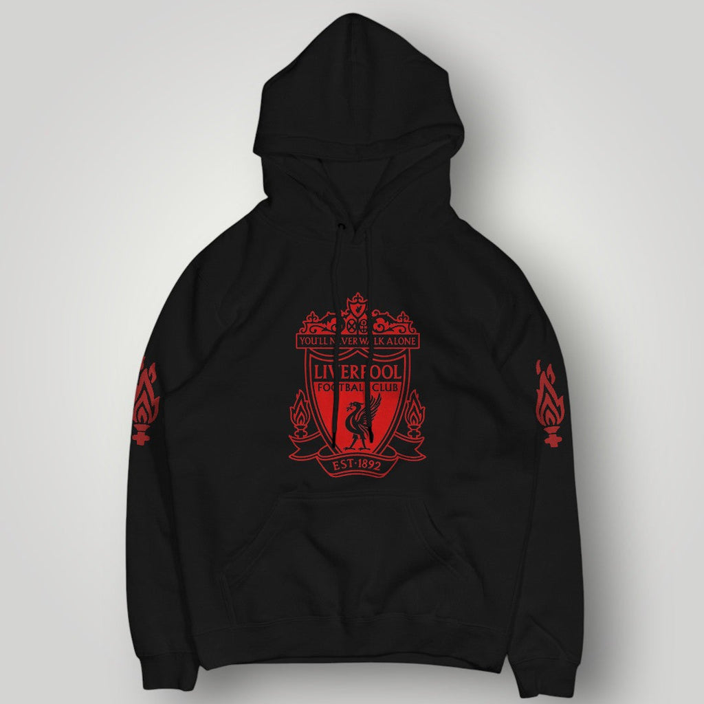 Liverpool F.C. Official Crest Black Hoodie - Eternal Flame Sleeve & YNWA Motto Edition