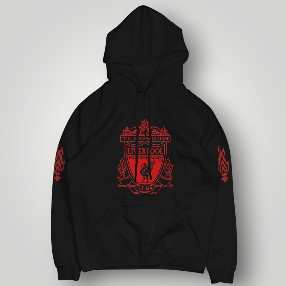 Liverpool F.C. Official Crest Black Hoodie - Eternal Flame Sleeve & YNWA Motto Edition