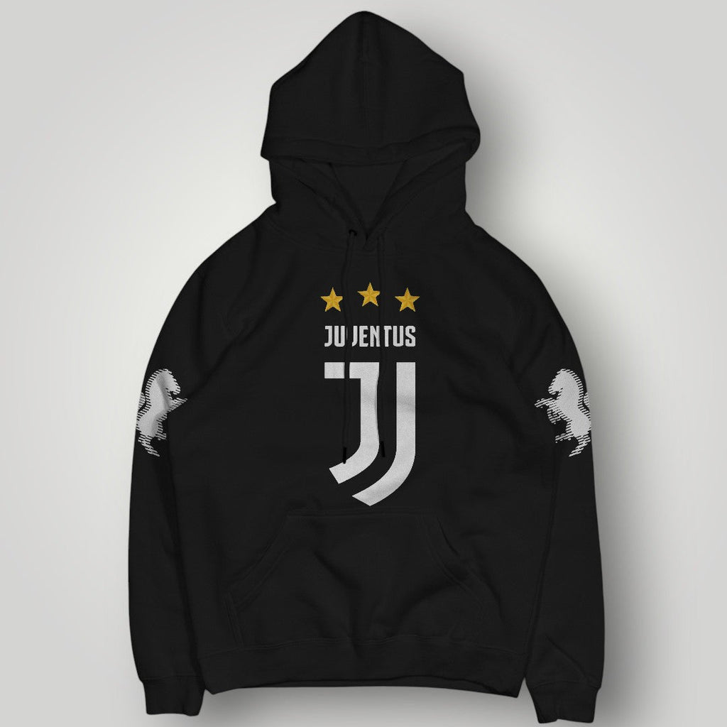 Juventus 3-Star Elite Black Hoodie - Heritage Zebra Sleeve Detail & Gold Star Edition
