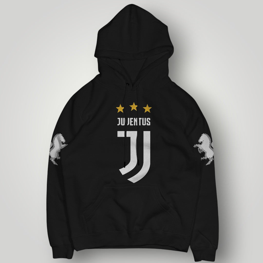 Juventus 3-Star Elite Black Hoodie - Heritage Zebra Sleeve Detail & Gold Star Edition